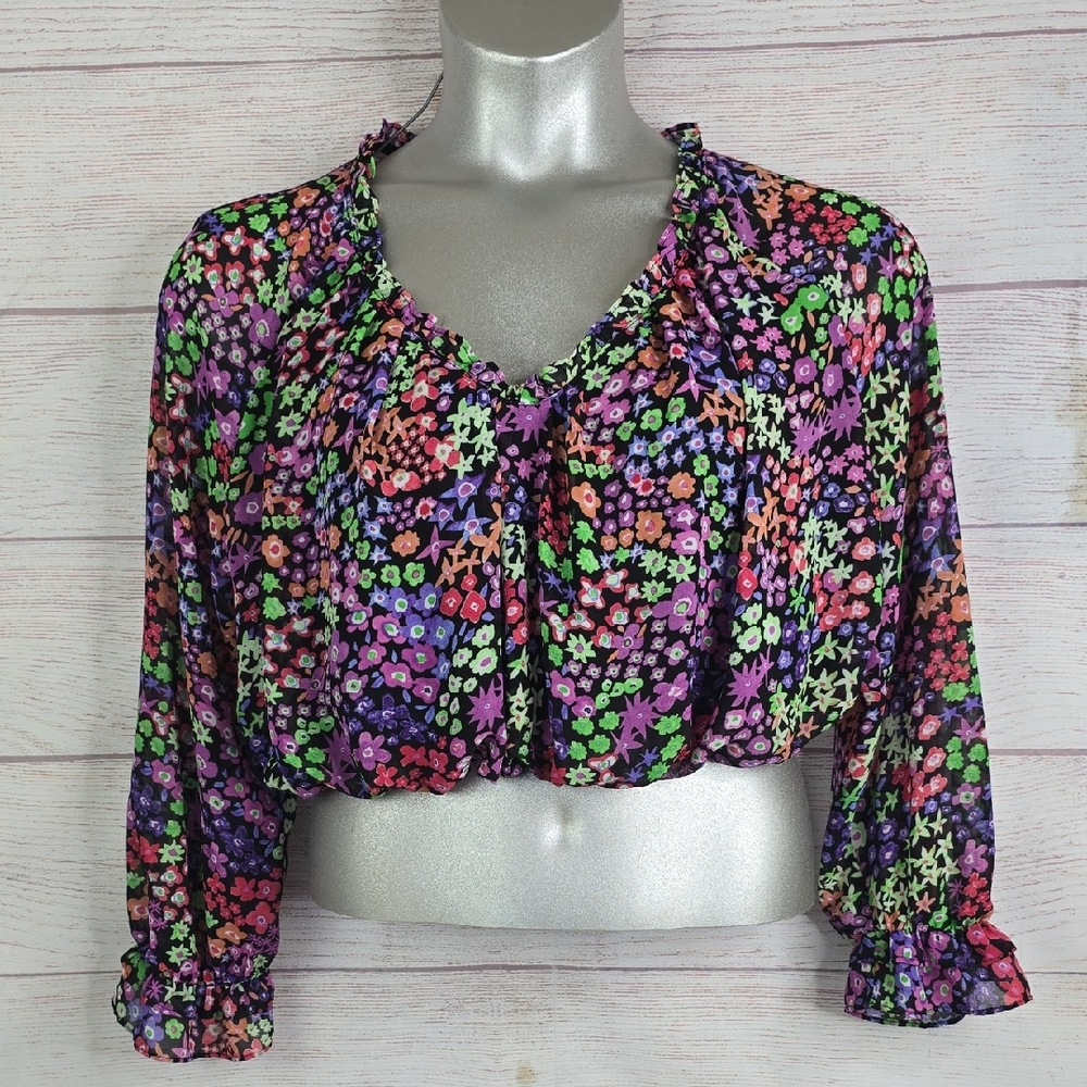 Zara Multicolor Floral Crop Top Blouse Sz Xs
